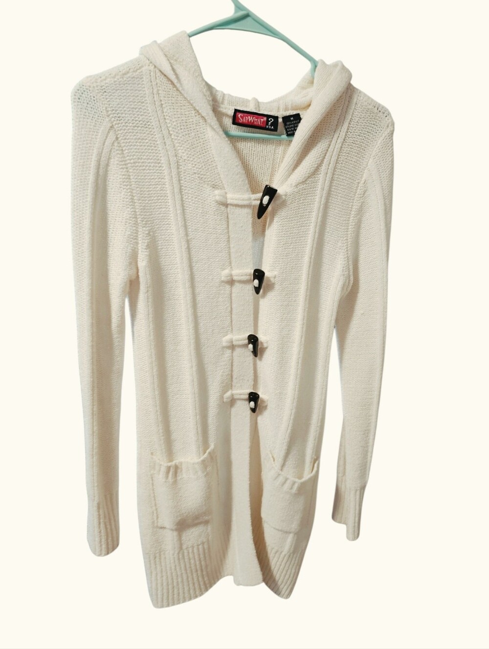 Say What? Long Cream Hooded Sweater With Toggle Button Front Size Medium